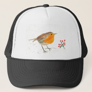 Casquette Aquarelle Rouge-gorge Hiver Noël oiseau faune