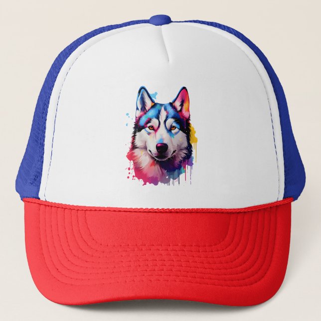Casquette Aquarelle Sibérienne Husky Art coloré (Devant)