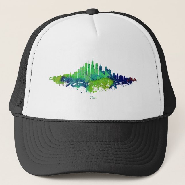 Casquette Aquarelle Skyline de Chicago en bleu et citron ver (Devant)