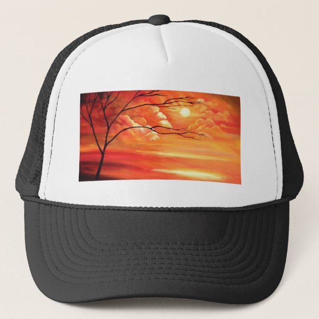 Casquette Arbre Abstrait et coucher de soleil rouge (Devant)