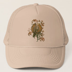 Casquette Art Nouveau vintage, oiseau cacatoès, fleurs d'orc