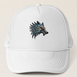 Casquette Art tribal stylisé de loup aux yeux orange