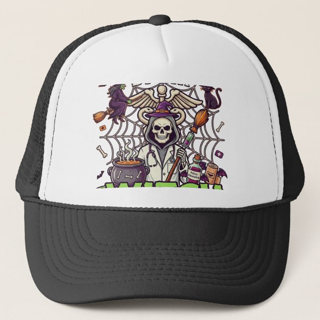 Casquette Assistante médicale Sorcière Squelette Seringue Ch (Devant)