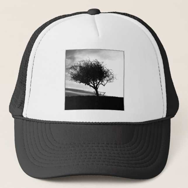 Casquette Aubépine de Glastonbury. Arbre. Noir et blanc. (Devant)