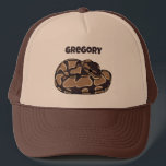 Casquette Ball Python Snake, Brown et Tan Personnalisé<br><div class="desc">Le casquette de ce camionneur présente une illustration réaliste d'un serpent python à boules enroulées,  brun foncé et bronzé. Il est prêt à être personnalisé avec un nom en lettres brun foncé. Fait un grand cadeau pour les propriétaires de serpents d'animaux de compagnie.</div>