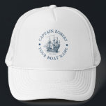 Casquette Bateau marine Vintage bleu et blanc<br><div class="desc">Illustration de bateau nautique vintage bleu et blanc élégant avec texte personnalisable.</div>