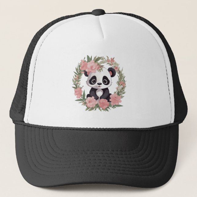 Casquette Bébé adorable Panda Ours avec fleurs (Devant)