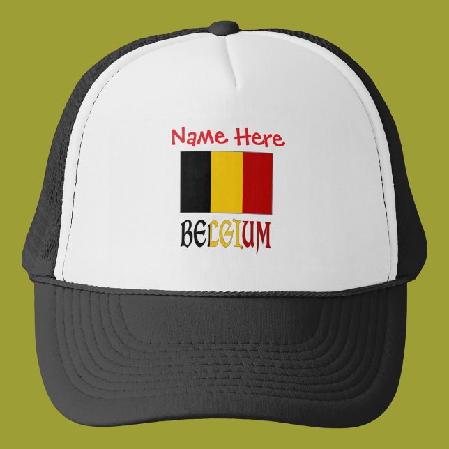 Casquette Belgique Pavillon belge Rouge Chapeau de camion pe (Trucker hat with Belgian flag and the word BELGIUM in flag colors. Add name above.)