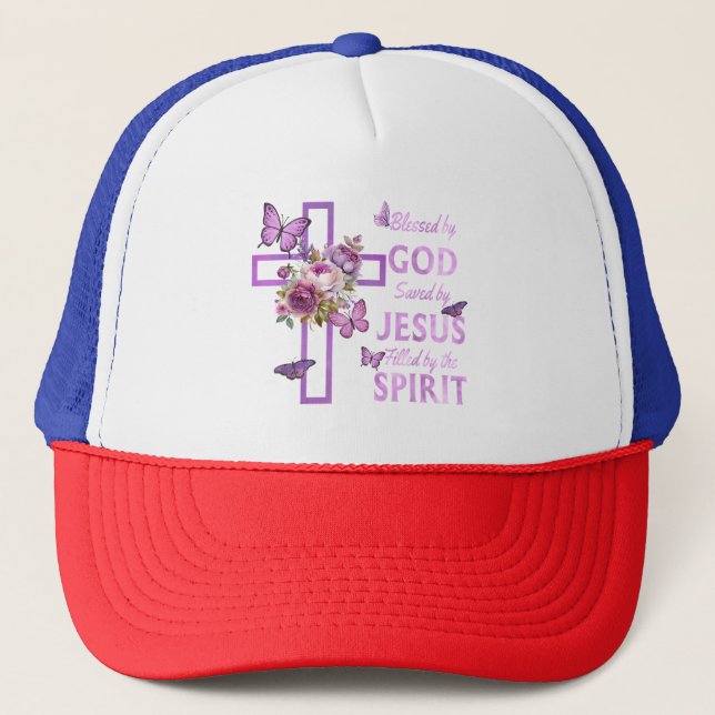 Casquette Béni par Dieu sauvé par Jésus Croix Florale pourpr (Devant)