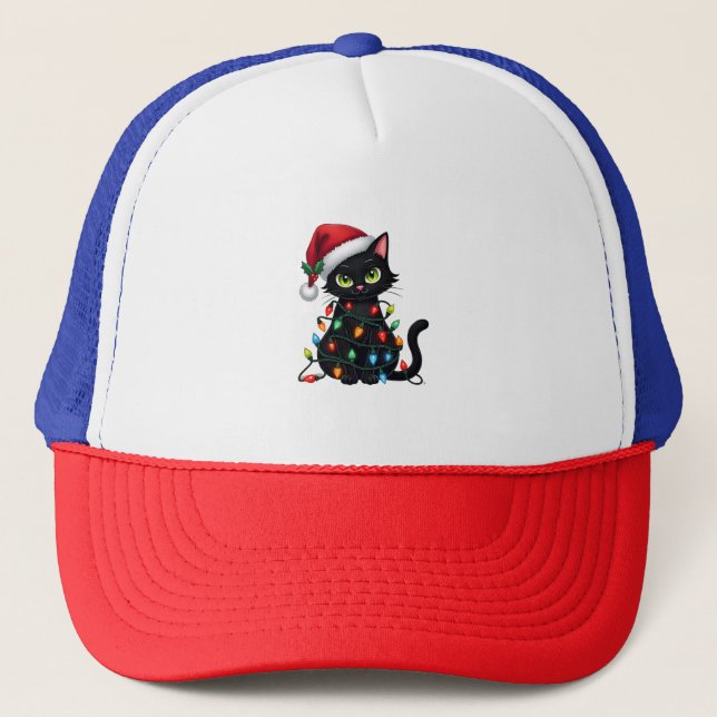 Casquette Black Cat Christmas Lights Santa Hat Funny Xmas Ca (Devant)