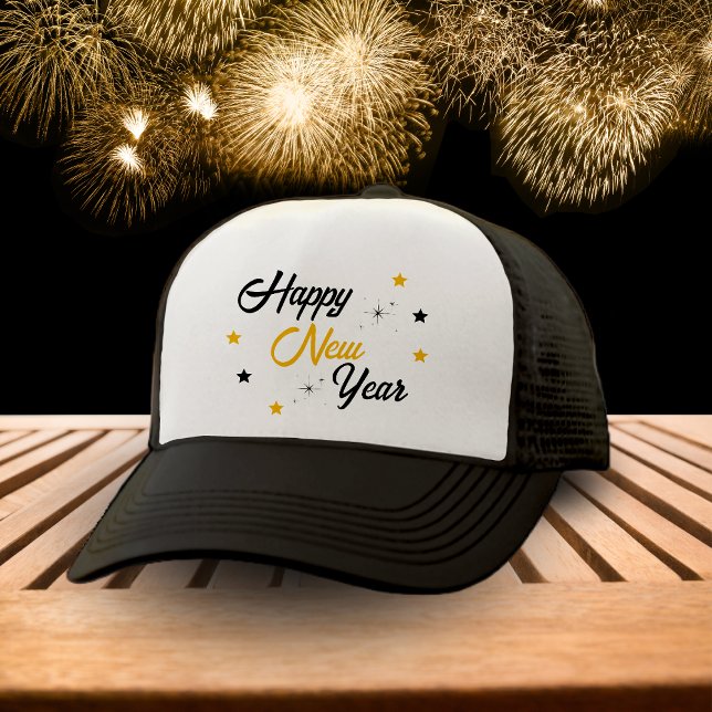 Casquette Blanc Noir & Or Bonne année (White Black & Gold Happy New Year Trucker Hat)