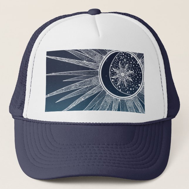 Casquette Blanc Sun Moon Mandala Blue Gradient Design (Devant)