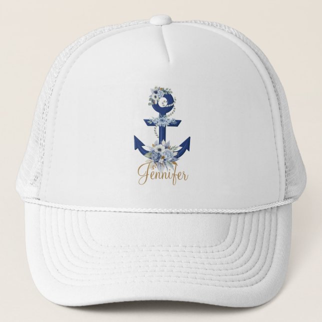Casquette bleu floral moderne rayures nautiques nom or (Devant)