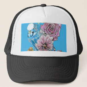 Casquette Blue Budgie Budgerigar Rose aquarelle art floral