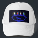 Casquette Blue Lion Menorah<br><div class="desc">Features a lion-themed Chanukkah menorah with all eight candles and the shamash burning. Chanukkah is the mid-winter "Festival of Lights."</div>