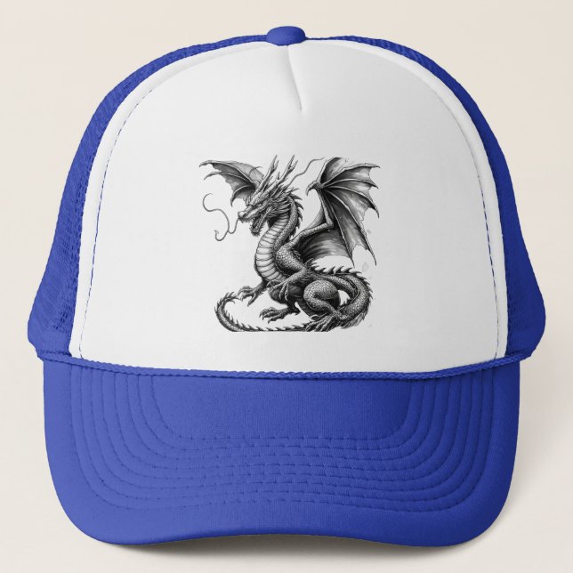 Casquette Blue Trucker Hat with Dragon Design - Black and Wh (Devant)
