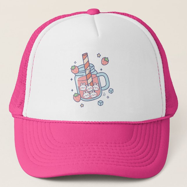 Casquette Boisson de fraise Kawaii Bunny (Devant)