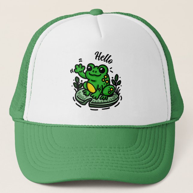 Casquette Bonjour  | Grenouille sur la main Lily Pad tirée (Devant)