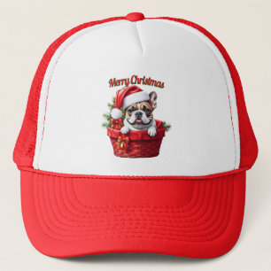 Casquette Bouledogue français dans un panier de Noël