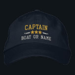 Casquette Brodée Capitaine Votre Nom De Bateau Nautical Stars Gold<br><div class="desc">Voilier en style avec un casquette brodé personnalisé avec votre grade de capitaine ou autre titre,  votre nom ou nom de bateau et étoiles. Plusieurs couleurs de casquette et de fil à choisir. Fait un grand cadeau personnalisé pour la Fête des pères,  la fête des mères ou toute occasion.</div>