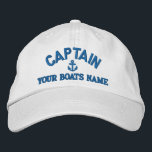 Casquette Brodée Capitaines de voile personnalisés<br><div class="desc">Personnalisez facilement ce casquette marin à thème nautique avec un motif d'ancre avec votre nom de voile ou de bateau à moteur, ou changez le texte pour un autre membre d'équipage. Cliquez sur personnaliser pour ajuster la taille du texte, la couleur ou le style de la police de broderie pour...</div>