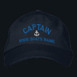 Casquette Brodée Capteurs de voile personnalisés<br><div class="desc">Personnalisez facilement ce casquette de capitaines nautiques avec un motif d'ancrage avec votre nom de voilier ou de bateau à moteur, ou changez le texte pour un autre membre d'équipage. Cliquez sur customiser pour ajuster la taille, la couleur ou le style du texte de la police de broderie de manière...</div>