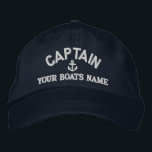 Casquette Brodée Capteurs de voile personnalisés<br><div class="desc">Personnalisez facilement ce casquette de capitaines nautiques avec un motif d'ancrage avec votre nom de voilier ou de bateau à moteur, ou changez le texte pour un autre membre d'équipage. Cliquez sur customiser pour ajuster la taille, la couleur ou le style du texte de la police de broderie de manière...</div>