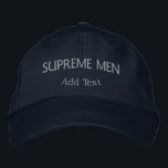 Casquette Brodée Casual Formel Navy Homme Haut de Gamme Suprême<br><div class="desc">Conçu pour un style moderne et confiant,  cette casquette Navy présente un lettrage audacieux « Supreme Men » combiné à une personnalisation « Ajouter du texte » pour une déclaration de mode exceptionnelle.</div>