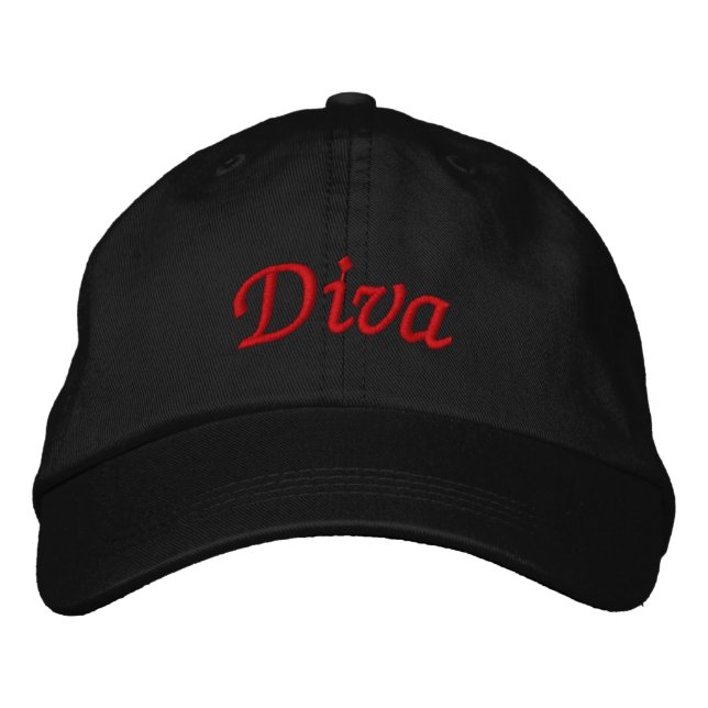 Casquette Brodée Diva Élégante Rouge sur Fond Noir (Devant)