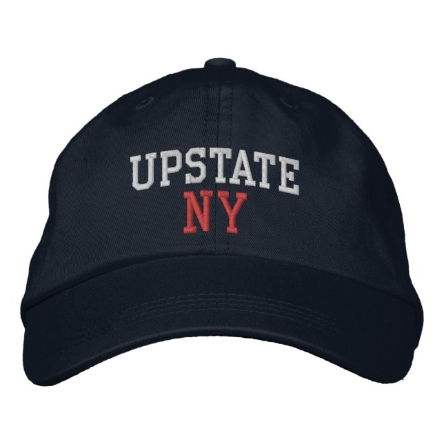 Casquette Brodée HAUT NY blanc et rouge sur bleu marine (Devant)