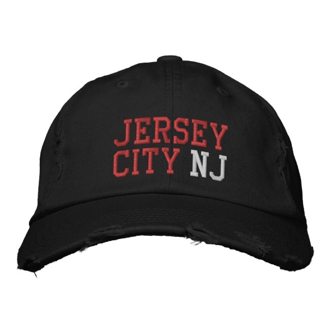 Casquette Brodée JERSEY CITY NJ Blanc rouge sur le Vintage noir (Devant)