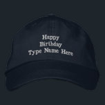 Casquette Brodée Joyeux anniversaire brodé par la marine sur mesure<br><div class="desc">Ce casquette en coton marine dispose d'une sangle réglable pour un ajustement parfait. Le design comprend du texte "Joyeux anniversaire", avec une zone personnalisable supplémentaire pour "Nom de type ici" brodée pour une finition de haute qualité. Idéal pour des cadeaux ou des occasions spéciales, cette casquette élégante et durable offre...</div>