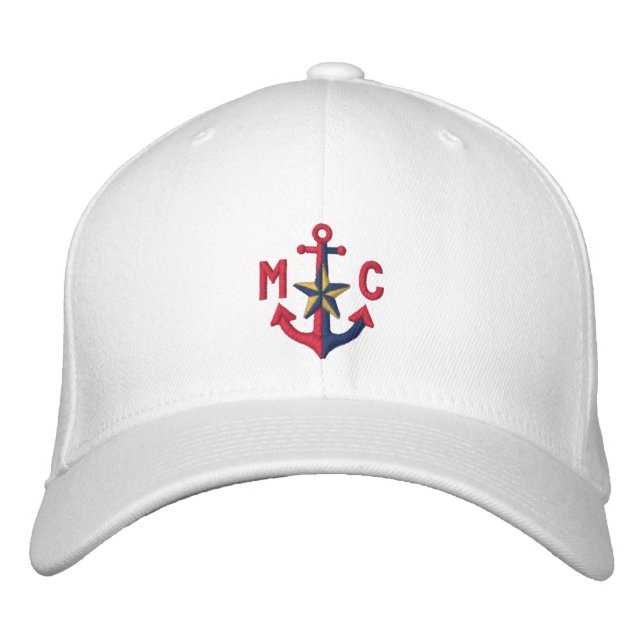 Casquette Brodée Monogramme d'Ancre rouge étoile nautique personnal (Devant)
