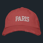 Casquette Brodée PARIS Broderie Blanche sur Style Vintage Rouge<br><div class="desc">Chapeau en coton beige avec broderie blanche PARIS et style vintage rouge distressé. Fait un merveilleux cadeau pour quiconque aime Paris France ! Si vous préférez avoir votre propre texte, sélectionnez simplement le bouton "Personnaliser ce modèle" pour entrer votre choix de texte personnalisé. La broderie est également personnalisable avec d'autres...</div>