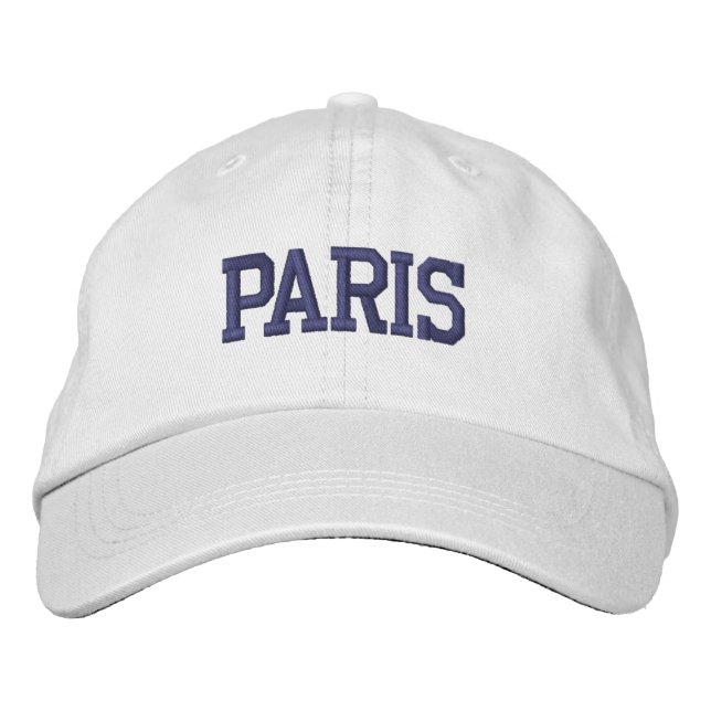 Casquette Brodée PARIS Broderie Bleu foncé sur Blanc (Devant)