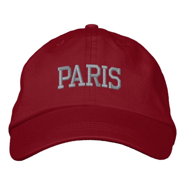 Casquette Brodée PARIS Broderie grise sur rouge (Devant)