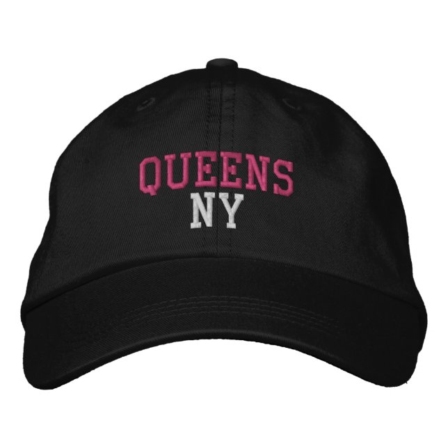 Casquette Brodée QUEENS NY Simple Hot rose et blanc sur noir (Devant)