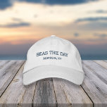Casquette Brodée Seas the Day | Your City or Beach Name<br><div class="desc">Seas the day! Embroidered cap features the quote in navy blue with your city,  island or beach name beneath.</div>