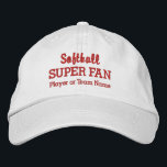 Casquette Brodée Softball Super Fan Custom Sport Team Nom du joueur<br><div class="desc">Soutenez votre équipe ou joueur de softball préféré avec ce SUPER FAN casquette. Ajoutez le nom de votre lycée, de votre jeunesse, de votre club, de votre équipe collégiale ou de votre joueur pour créer un casquette unique. (Vous pouvez également changer ceci en n'importe quel autre sport.) Modifiez facilement le...</div>