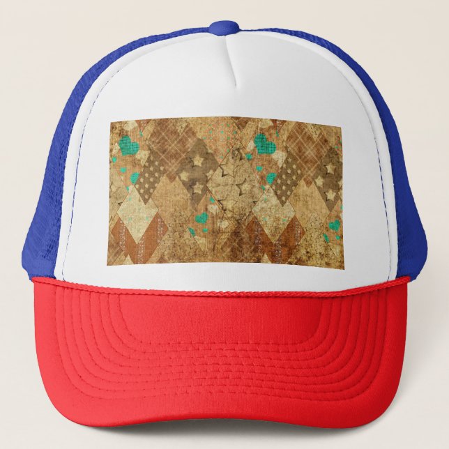 Casquette Brown Grunge Quilt Stars Coeurs (Devant)