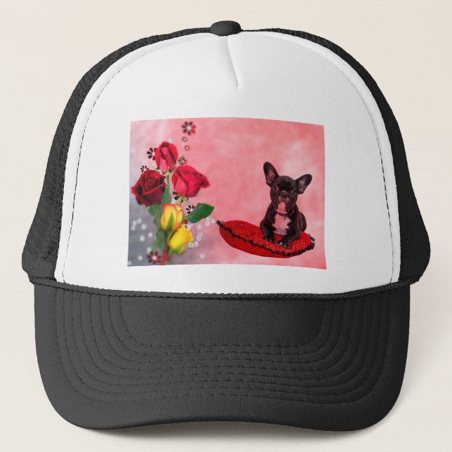 Casquette Bulldog français assis sur le Coussin du coeur et  (Devant)