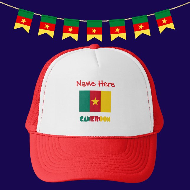 Casquette Cameroun - Drapeau Personnalisation rouge (Personalized trucker hat with the CAMEROON an flag and the word CAMEROON below.)