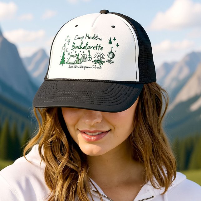 Casquette Camp Bachelorette Camping Main Drag Écriture verte (camp bachelorette trucker hat camping hand drawn written girls trip bach green glamping)