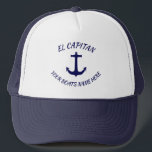 Casquette Capitaine El Capitan Ancre bleue avec nom de batea<br><div class="desc">Ancre bleue avec texte lisant El Capitan et modèle pour que vous puissiez ajouter le nom de votre bateau. Si vous souhaitez modifier la police ou la couleur du texte,  cliquez sur la personnaliser en bas du modèle.</div>
