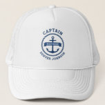 Casquette Captain anchor rope border boat name on banner<br><div class="desc">Trucker hat featuring a dark blue nautical anchor surrounded by a rope border. Across the anchor is a blue ribbon with your boat's name.  Add title,  for example captain,  at the top and a custom name at the bottom.</div>
