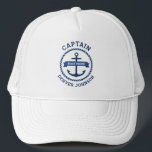 Casquette Captain anchor rope border boat name on banner<br><div class="desc">Trucker hat featuring a dark blue nautical anchor surrounded by a rope border. Across the anchor is a blue ribbon with your boat's name.  Add title,  for example captain,  at the top and a custom name at the bottom.</div>