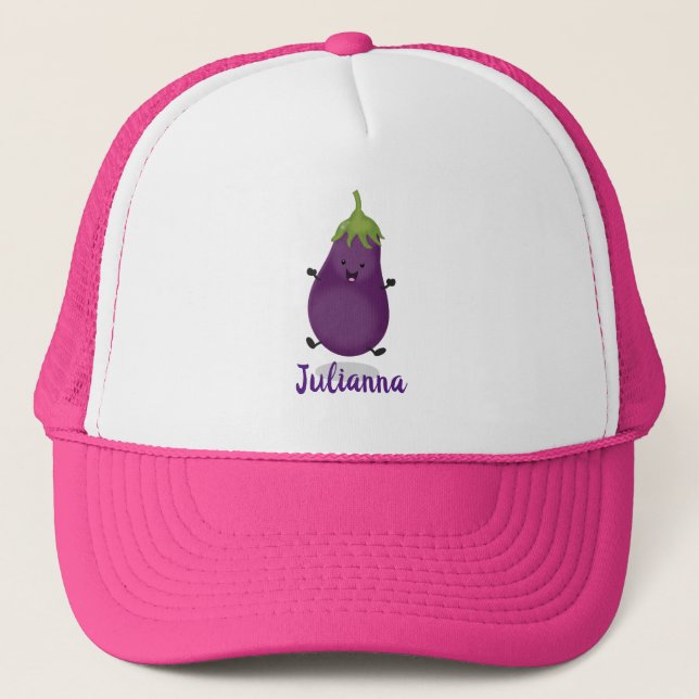 Casquette Caricature d'aubergine d'aubergine joliment heureu (Devant)