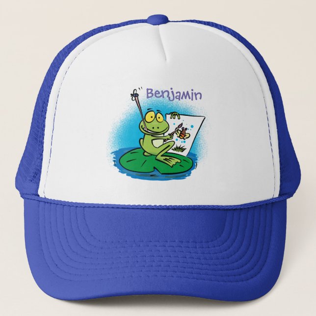 Casquette Caricature drôle de grenouille verte dessin d'illu (Devant)