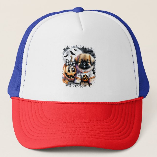 Casquette Carré Halloween de chien pékinois (Devant)
