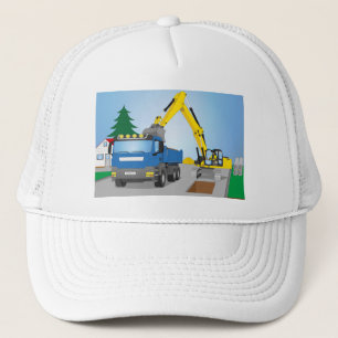 Casquette Chantier de route avec camion bleu et drague jaune